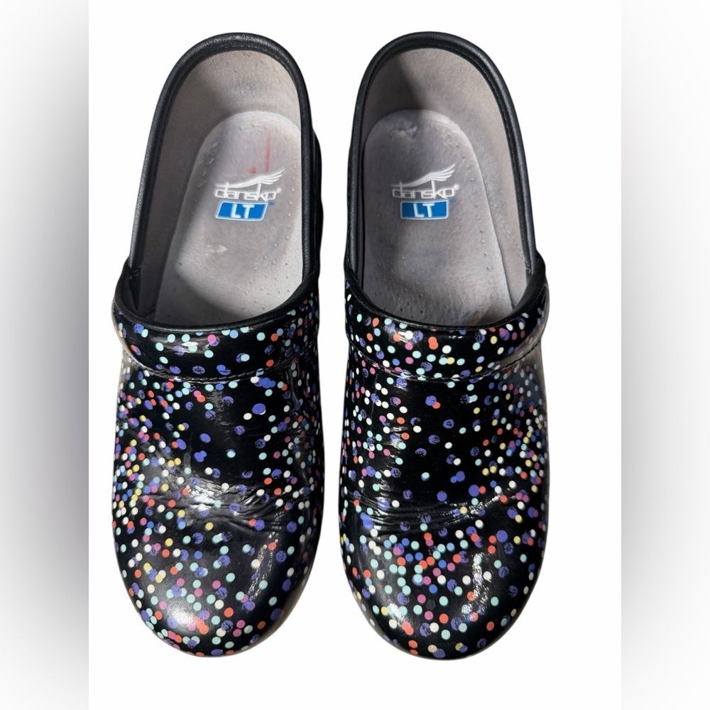 Dansko LT Pro Patent Confetti polka dot slip on clogs black multi color size 38 - Picture 4 of 11